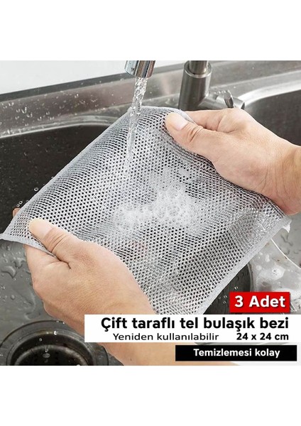 3 Adet Çift Taraflı Çok Amaçlı Tel Temizlik Bezi | Mutfak, Lavabo, Tezgah, Ocak Bezi 20X20 cm