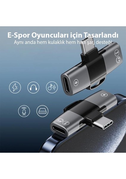 Type C To 2x Type C Girişli Şarj ve Kulaklık Çoğaltıcı Adaptörü, 30W Şarj Destekli Çoğaltıcı