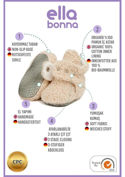 Teddy Bebek Pandufu, Kaydırmaz Taban, Organik Pamuk Astar, Ev Kreş Ayakkabısı, Bej modelleri