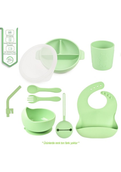 Silikon Beslenme Seti Mama Tabağı, Kase, Emzik Kılıfı, Pipet, Önlük, Çatal-kaşık, Bardak / Yeşil