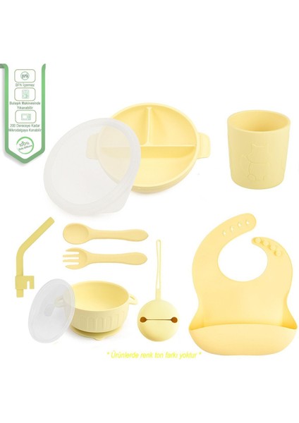 Silikon Beslenme Seti Mama Tabağı, Kase, Pipet, Emzik Kılıfı, Çatal Ve Kaşık, Düz Bardak/sarı