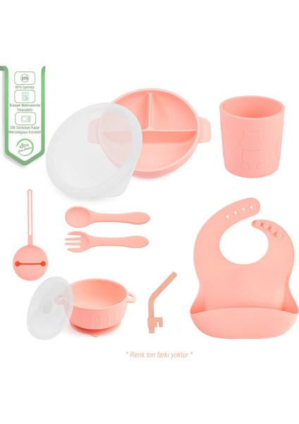 Silikon Beslenme Seti Vakumlu Silikon Mama Tabağı Ve Kasesi, Silikon Çatal-kaşık, Bardak /pembe