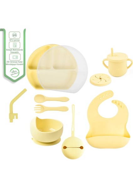 Silikon Beslenme Seti Mama Tabağı, Emzik Kılıfı, Kase, Pipet, Önlük, Çatal-kaşık, Bardak/ Sarı Renk