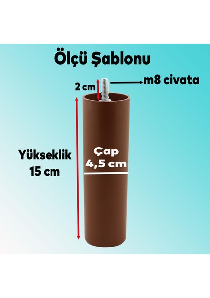 Mobilya Kanepe Koltuk Baza Yükseltici M8 Civatalı İnce Diş Destek Ayağı Kahve 15 cm 8 Adet
