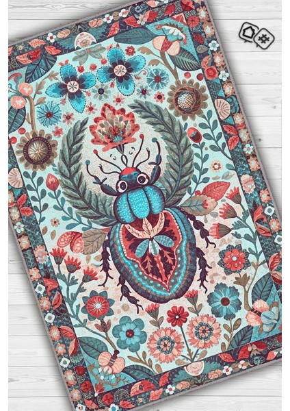 Nuh'un Gemisi Koleksiyonu Böcek Temalı Çiçek Desenli Vintage Renkli Bordürlü Konsept Halı