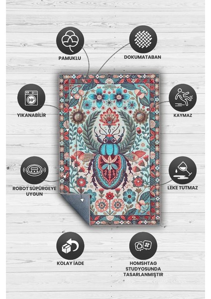 Nuh'un Gemisi Koleksiyonu Böcek Temalı Çiçek Desenli Vintage Renkli Bordürlü Konsept Halı