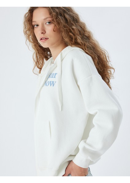 Fermuarlı Sweatshirt Kapüşonlu Oversize Kanguru Cepli Slogan Baskılı Şardonlu