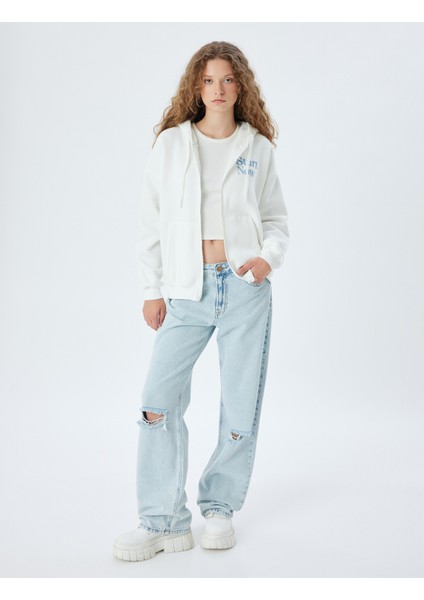 Fermuarlı Sweatshirt Kapüşonlu Oversize Kanguru Cepli Slogan Baskılı Şardonlu fiyatları