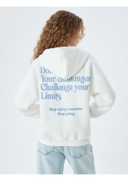 Fermuarlı Sweatshirt Kapüşonlu Oversize Kanguru Cepli Slogan Baskılı Şardonlu fırsatları