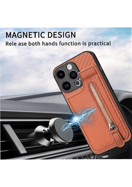 IPhone 15 Için Kılıf Pro Fermuar Cüzdan Manyetik Araç Montaj Crad Yuvası Standı (Yurt Dışından)