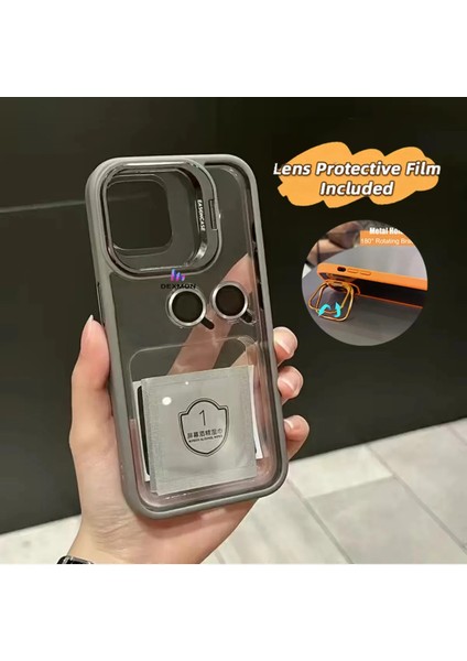 iPhone 13 Uyumlu Kılıf + Lens Koruyucu Standlı Kenarı Renkli Silikon Arkası Sararmaz Şeffaf