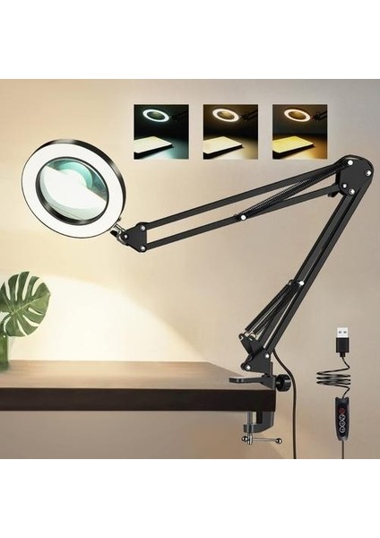 8 x Büyüteçli LED 360 Derece Ayarlanabilir Masa Lambası 3 Renk Modlu Metal Esnek Kelepçeli fiyatları