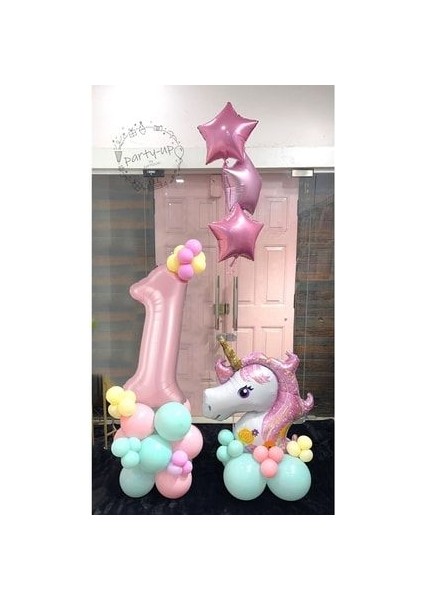 Unicorn Balon Seti Pembe Rakam Balonlu Unicorn Temalı Doğum Günü Karşılama Seti