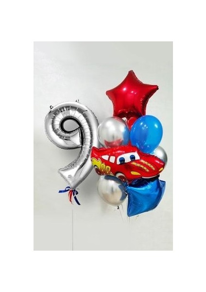 Şimşek Mcqueen Arabalar Temalı Balon Seti 76CM Gümüş Rakam Balonlu Yıldızlı Set