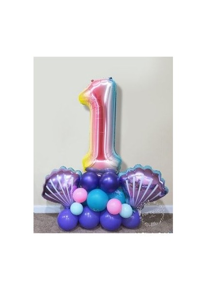 Deniz Kızı Deniz Kabuğu Balon Karşılama Seti 76CM Gökkuşağı Renkli Rakam Balon Karşılama Seti