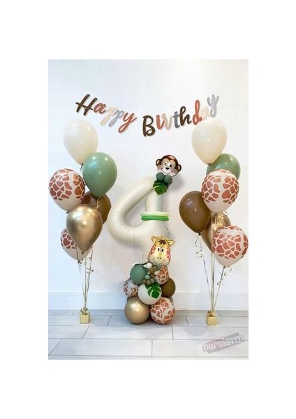 Retro Safari Tema Kahve Tonları Balon Seti Orman Hayvanları Zürafa Maymun Krem Rakam Folyo Balon