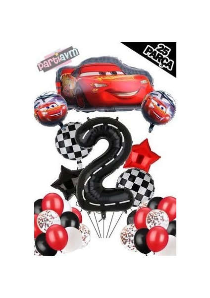Siyah Rakam Balonlu Şimşek Mcqueen Balon Seti Arabalar (Cars) Konfetili Şeffaf Balon