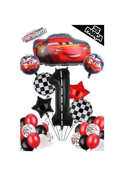 Siyah Rakam Balonlu Şimşek Mcqueen Balon Seti Arabalar (Cars) Konfetili Şeffaf Balon