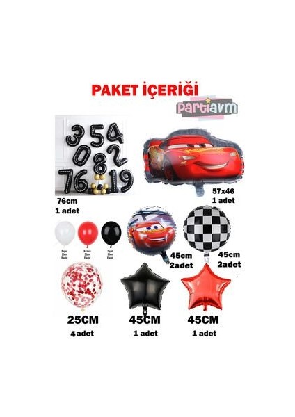 Siyah Rakam Balonlu Şimşek Mcqueen Balon Seti Arabalar (Cars) Konfetili Şeffaf Balon fiyatları
