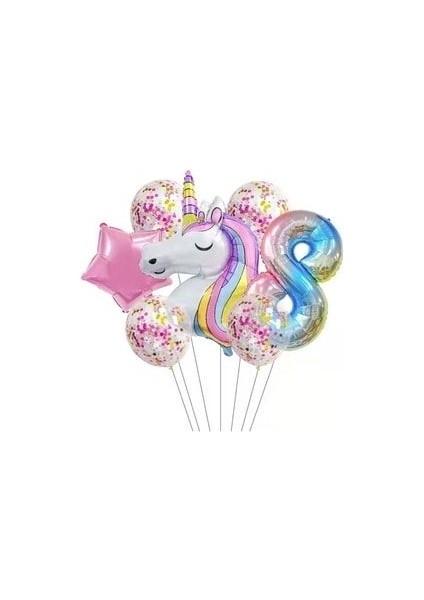 Unicorn ve Gökkuşağı Rakam Balonlu 7li Set Pembe Folyo Yıldız ve Konfeti Pullu Şeffaf Balonlu