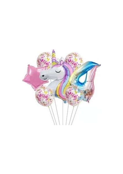 Unicorn ve Gökkuşağı Rakam Balonlu 7li Set Pembe Folyo Yıldız ve Konfeti Pullu Şeffaf Balonlu