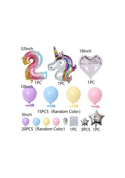 100CM Gökkuşağı Rakam Balonlu Unicorn Temalı Doğum Günü Karşılama Seti Kolay Kurulum fiyatları
