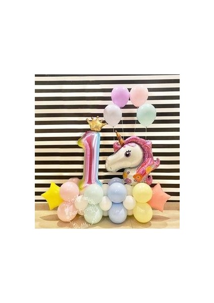 Gökkuşağı Rakam Balonlu Unicorn Temalı Doğum Günü Karşılama Seti Kolay Kurulum