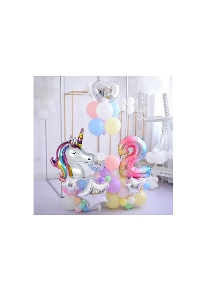 100CM Gökkuşağı Rakam Balonlu Unicorn Temalı Doğum Günü Karşılama Seti Kolay Kurulum
