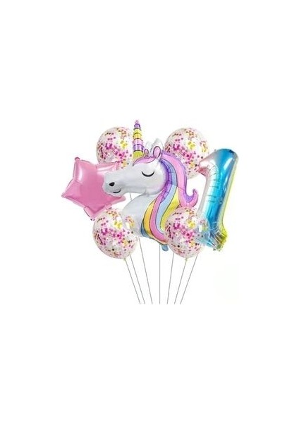 Unicorn ve Gökkuşağı Rakam Balonlu 7li Set Pembe Folyo Yıldız ve Konfeti Pullu Şeffaf Balonlu