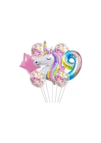 Unicorn ve Gökkuşağı Rakam Balonlu 7li Set Pembe Folyo Yıldız ve Konfeti Pullu Şeffaf Balonlu