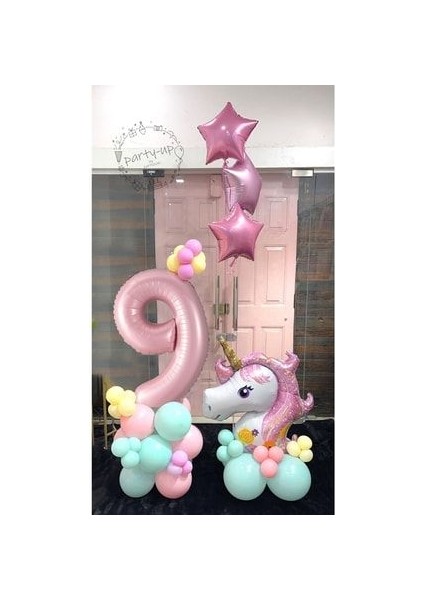 Unicorn Balon Seti Pembe Rakam Balonlu Unicorn Temalı Doğum Günü Karşılama Seti