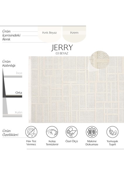 Jerry 03 Beyaz Bukle Örgülü Salon Halısı Yumuşak Dokulu Antre Hol Halısı Kesme Halı Yolluk