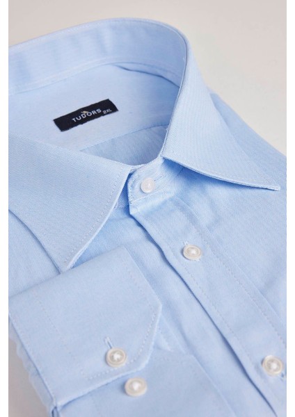 Büyük Beden Uzun Kollu Kolay Ütü Kravatlık Armürlü Pamuklu Erkek Mavi Gömlek