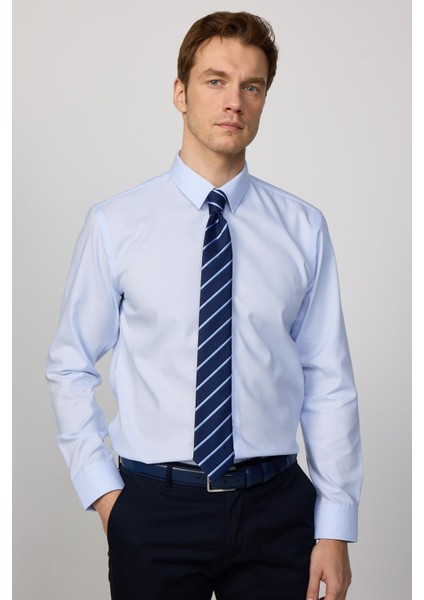Erkek Slim Fit Dar Kesim Uzun Kollu %100 Pamuk Non-Iron Ütü Gerektirmez Mavi Gömlek