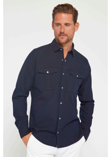 Erkek Slim Fit Uzun Kollu Spor Yaka Yıkamalı Çift Cepli Armürlü Denim Lacivert Gömlek