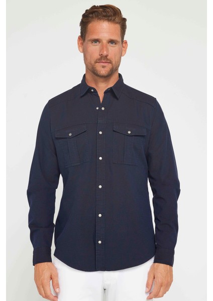Erkek Slim Fit Uzun Kollu Spor Yaka Yıkamalı Çift Cepli Armürlü Denim Lacivert Gömlek fiyatları