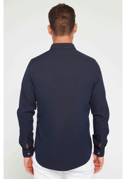 Erkek Slim Fit Uzun Kollu Spor Yaka Yıkamalı Çift Cepli Armürlü Denim Lacivert Gömlek indirimleri