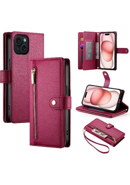IPhone 15 Bilek Kayışı Kickstand Çok Fonksiyonlu Kart Yuvaları Için Flip Case (Yurt Dışından)