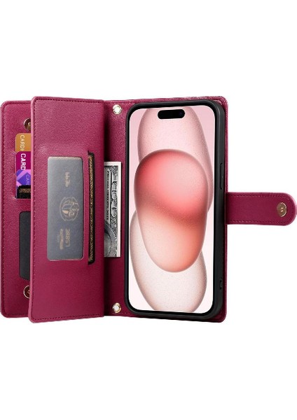 IPhone 15 Bilek Kayışı Kickstand Çok Fonksiyonlu Kart Yuvaları Için Flip Case (Yurt Dışından) modelleri