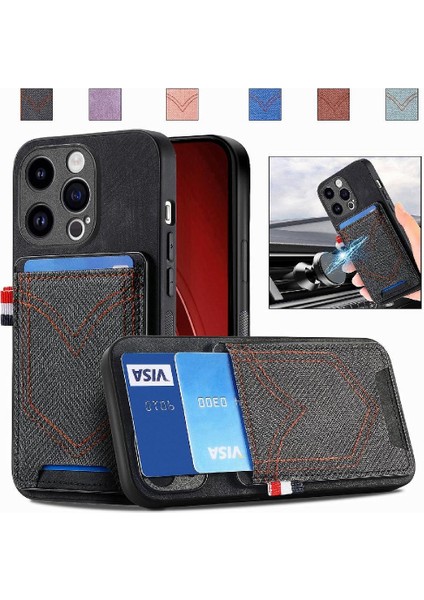 IPhone 15 Için Kılıf Pro Max Kot Cep Tasarım Crad Yuvası Manyetik Araba (Yurt Dışından)