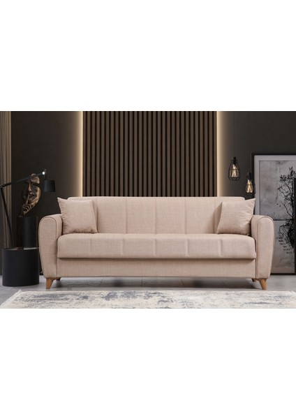 Perla Sofa Santoz Yataklı Sandıklı Üçlü Kanepe Krem