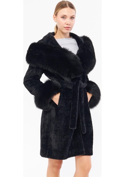 DKA0115 Siyah Alcantara Hakiki Kürk Kadın Kaban