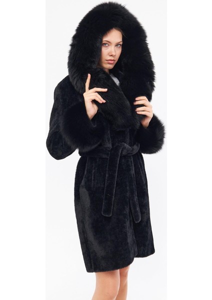 DKA0115 Siyah Alcantara Hakiki Kürk Kadın Kaban fiyatları