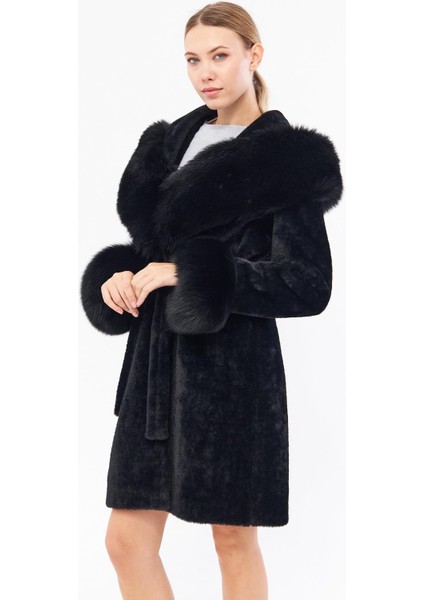 DKA0115 Siyah Alcantara Hakiki Kürk Kadın Kaban indirimleri