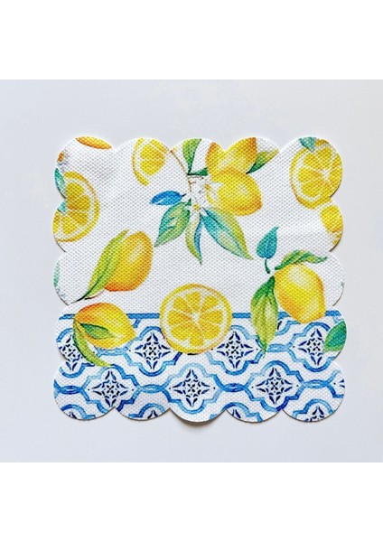 Çini Desenli Limon Desenli Kumaş Kokteyl Peçetesi Yıkanabilir Lazer Kesimli