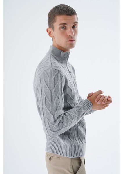 Erkek Gri Dik Yaka Kısa Fermuarlı Yürütme Örgülü Yün Triko Örme Kazak TRIST-5344
