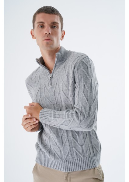Erkek Gri Dik Yaka Kısa Fermuarlı Yürütme Örgülü Yün Triko Örme Kazak TRIST-5344 fiyatları