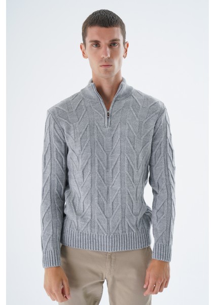 Erkek Gri Dik Yaka Kısa Fermuarlı Yürütme Örgülü Yün Triko Örme Kazak TRIST-5344 modelleri