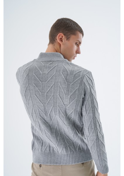 Erkek Gri Dik Yaka Kısa Fermuarlı Yürütme Örgülü Yün Triko Örme Kazak TRIST-5344 fırsatları