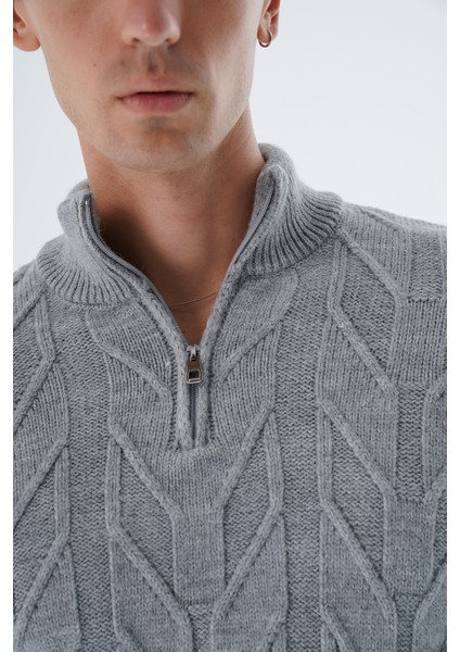 Erkek Gri Dik Yaka Kısa Fermuarlı Yürütme Örgülü Yün Triko Örme Kazak TRIST-5344 indirimleri